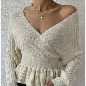 Express Ivory Puff Sleeve Peplum Ballet Core Off Shoulder Ribbed Sweater Medium